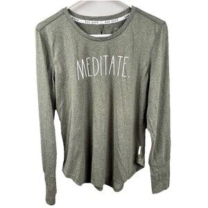 Rae Dunn Meditate Shirt Long Sleeve Green Keyhole Back Pullover Large Tee Womens